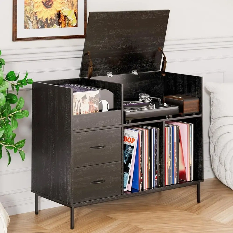 Black Wood Vinyl Record Storage Cabinet